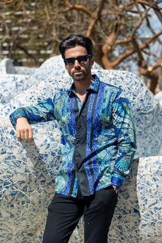 Barabas Men's Rhinestone Floral Rooster Long Sleeve Shirts 4SPR104