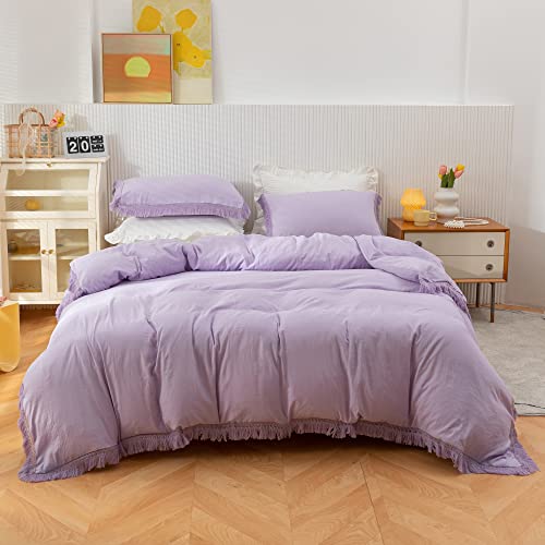 Smoofy 3Pcs Fringe Lavender Purple Tassel Comforter Set Queen Boho Bohemian Cute Soft Tufted Microfiber Bedding Sets Modern Style For Men And Women (1Comforter + 2 Pillowcases) #TOP1