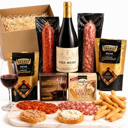 ALEJANDRO FUENTES® - Cesta gourmet para oferecer com vinho Sensações 75cl, variedade de ibéricos, creme de queijo, patê ao Pedro Ximenez e picos artesanais – Cesta de natal, presentes para homem