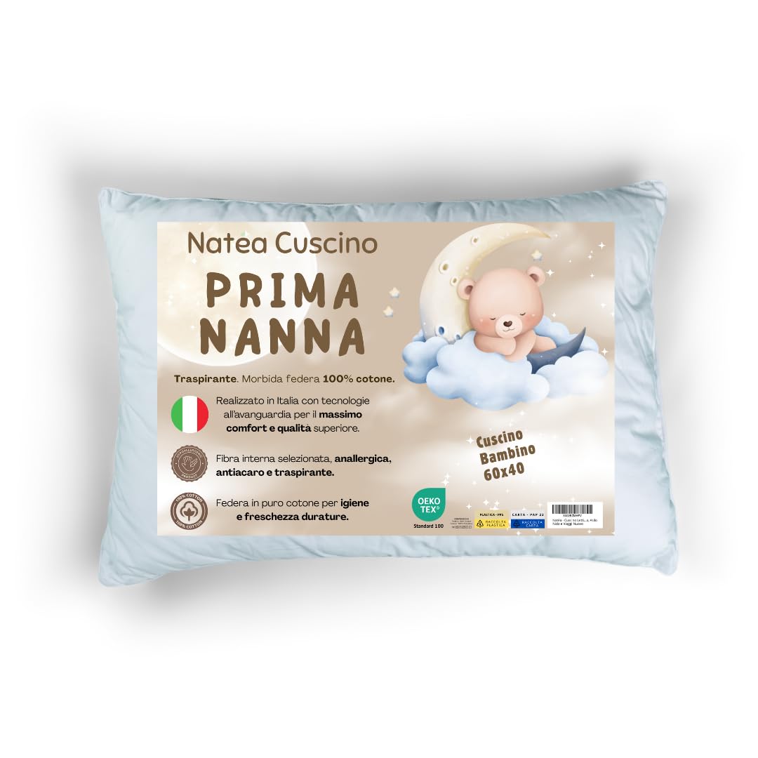 Natéa Cuscino Bambino 2 Anni con Federa 100% Cotone Traspirante e Antiacaro certificato OEKO-TEX® 100, Cuscino Lettino Bambino per Asilo e Culla, per bimbi di 2, 3 e 4 Anni (40x60x4 cm)