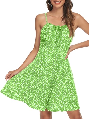 Image of Missufe Spaghetti Strap Floral Mini Dress Women's Casual Ruched Front Drawstring Swing Sundress