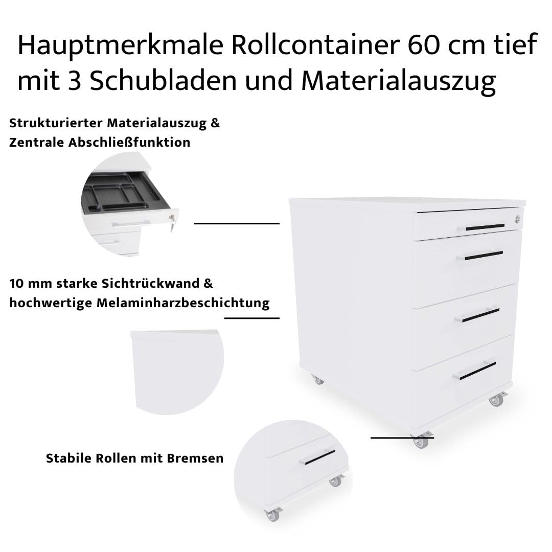 Rollcontainer 3 Schubladen + Materialauszug H 65 x B 43 x T 60 cm | Bürocontainer in Weiß | Schreibtischwagen abschließbar | Schubladenschrank für Schreibtisch aus eigener Fertigung