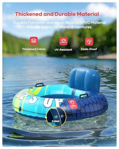 Image of QPAU Inflatable River Tube, 0.4 mm Thickened Puncture-Resistant Heavy Duty River Float, River Raft with Ergonomic Backrest, Mesh Bottom & 2 Cup Holders for Adults and Friends Lake Float