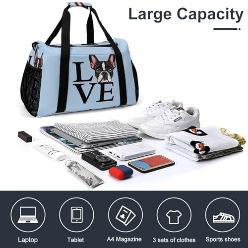 I Love Boston Terriers Gym Bag Travel Duffle Bags Shoulder Carry On Weekender Bag Hangbag for Women Men4