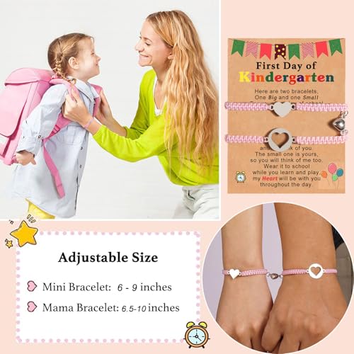 Image of First Day of Kindergarten Pre K Gifts for Mother Daughter,Mommy and Me Bracelet Matching Heart Bracelets Set for 2