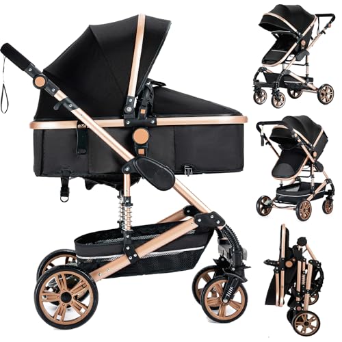 Image of 2 in 1 Baby Stroller Convertible Reversible Standard Pram Portable Pushchair Infant Buggy Baby Carriage Foldable High Landscape Pram for Toddler Newborn (2USXR008-BG)