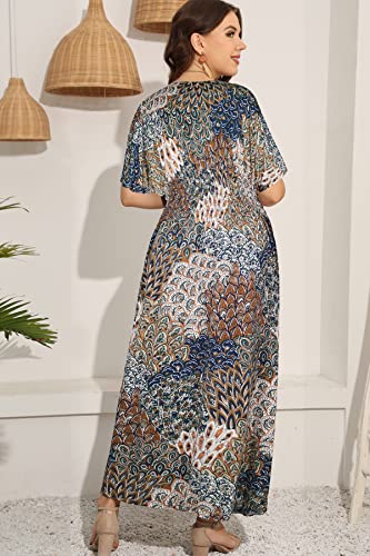 OSTOO Women's Plus Size Hawaii Empire Waist Bat Short Sleeve Casual Floral Print Boho Maxi Dress3