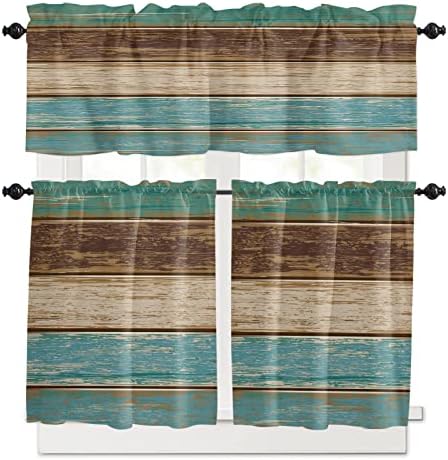 OneHoney Farmhouse Curtain Tier and Valance Set 3 Piece Rod Pocket Short Window Treatment Curtains Retro Wood Board Teal Brown Curtain Drapes for Kitchen Living Room Bathroom