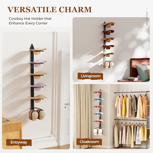 Cowboy Hat Rack for Wall, Cowboy Hat Holder Wall Mount Holds up to 6 Hats, Wooden Western Rustic Metal Hat-Organizer with Arrow Sign Board, Display and Decor Rack for Fedora, Sun Hats,Baseball Caps - image 7