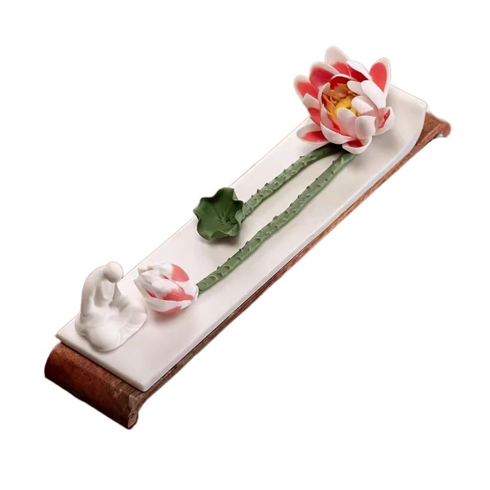 incense burner Exquisite Ceramic Flower Shaped Incense Burner Indoor Zen Line Tray Wooden Chassis Incense Holders(B)