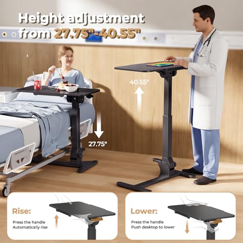 Image of JOY worker Foldable Overbed Bedside Table, 180 Tiltable Mobile Standing Desk with Wheels, 31.5 inch Pneumatic Height Adjustable Rolling Laptop Desk for Home & Hospital Use, Easy Storage, Black
