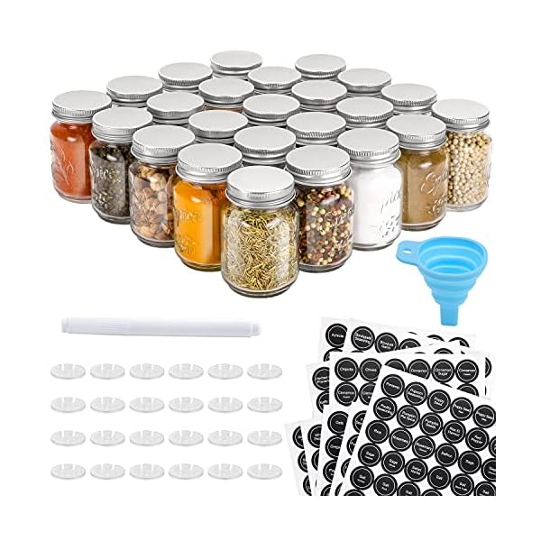 AOZITA 24 Pcs Glass Mason Spice Jars/Bottles - 4oz Empty Spice Containers with Spice Labels - Shaker Lids and Airtight Metal Caps - Silicone Collapsible Funnel Included