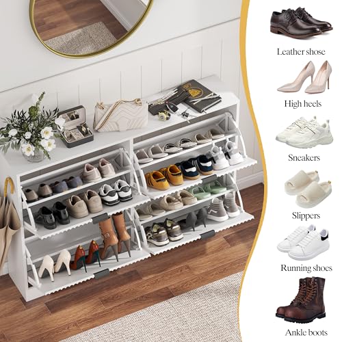 Image of Shoe Cabinet Storage for Entryway with 4 Flip Drawers, White Fluted Shoe Cabinet with Adjustable Shelves, Wooden Hidden Shoes Rack Freestanding Narrow Slim Shoes Storage for Hallway, Entrance