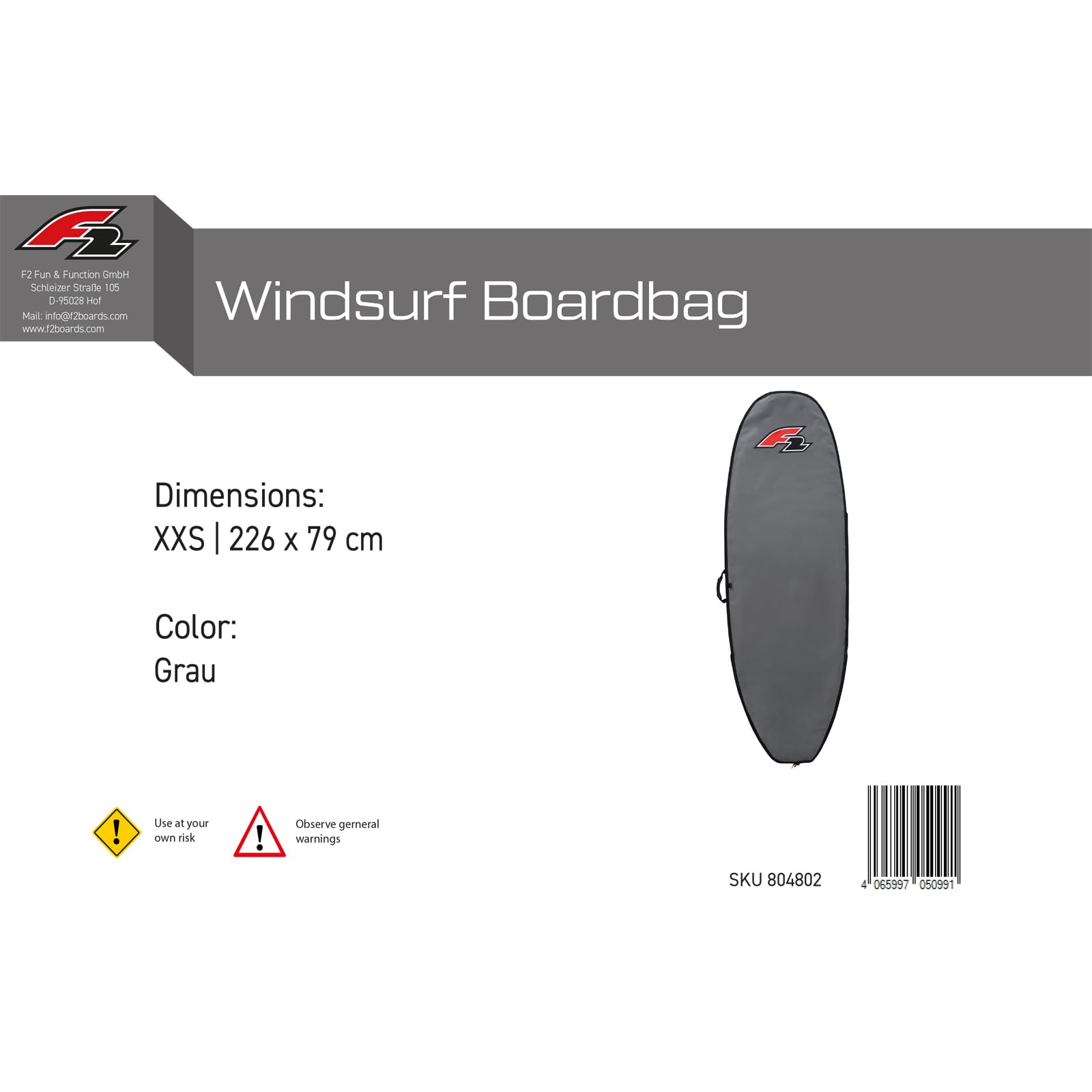 F2 Windsurf Boardbag XXS 226 x 79 cm Grau 2024/2025