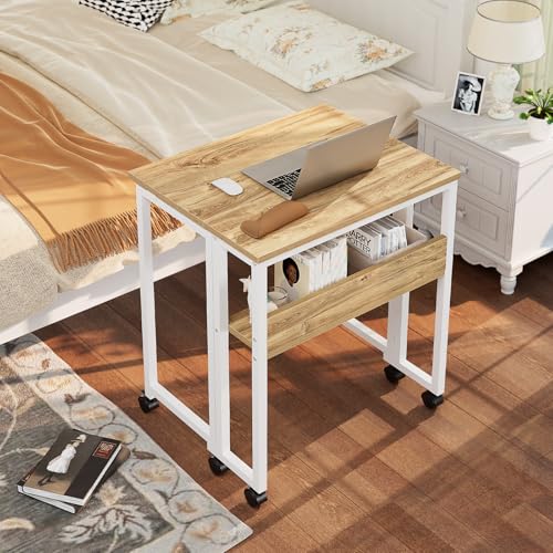 Image of GreenForest Folding Desk with Wheels, 31.5 Inch Compact Rolling Computer Table with Storage Shelf, Portable Mobile Workstation for Small Spaces, Easy Assembly, Oak
