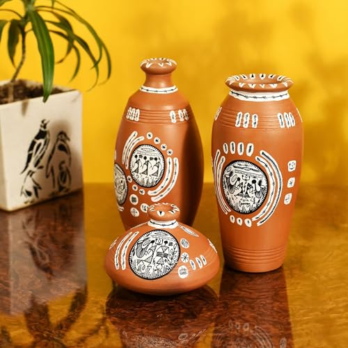 Image of Aakriti Art Creations Vase Earthen Natural Warli Set of 3 | Handmade Terracotta Flower Vases | Natural Brown Matte Finish Warli Art Decorative Vases for Living Room, Table Decor & Gifting