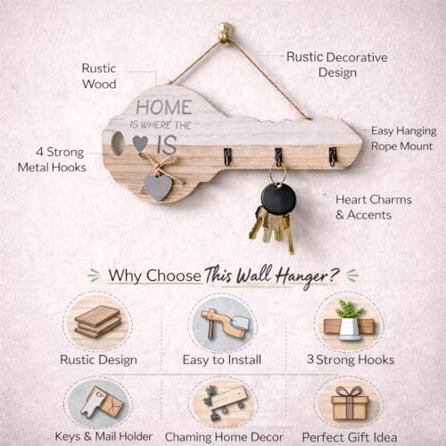 Image of CraftVatika Wooden Key Holder for Wall with 3 Hooks, Key Shape Wall Hanging Organizer Rack, Decorative Entryway Holder for Home Entrance, Wall Mounted Stand, Housewarming Gift, Home Decor Item