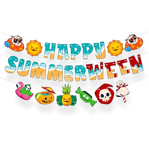 Image of Katchon, Happy Summerween Banner - 3 Strings Pre-Strung, 10 Feet Each, Summerween Party Decorations, Summer Halloween Decorations for Pool Party, Beach Party & Tropical Spooky Celebration
