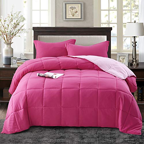 HIG 3pc Pink Queen Comforter Set Duvet Insert, Reversible, All Season, Box Stitched, with Corner Tabs, Soft, Fluffy