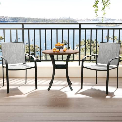 Image of Anmutig Outdoor Bistro Set for 2, Stackable Chairs & Metal Table, Grey | Weather-Resistant Textilene, Black Powder-Coated Steel Frame, Storage Shelf, Easy Assembly, Balcony, Deck, Poolside Use