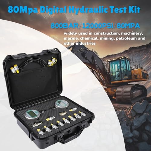 Image of Digital Hydraulic Test Kit(16MPa /80MPa), Hydraulic Pressure Gauge Tester Set with 2 Digital Gauges, 12 Couplings & Hoses for Excavator, Loader, Crane