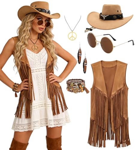 Ginkago Hippie Costume Set Cowgirl Western Outfit with Fringe Vest Hippie Earrings Glasses Bracelet Necklace (Brown, M)