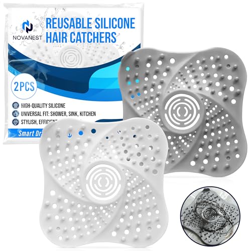 NOVANEST Silicona Atrapa Pelos Ducha con Ventosas Extra Fuertes | Rejilla Desague Ducha Anti Cucarachas Desagües | Filtro Fregadero Cocina y Recoge Pelos Ducha | Fácil Limpieza [Blanco + Gris]