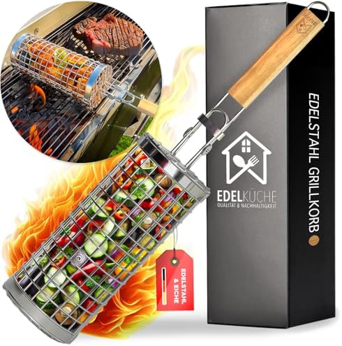 EdelKüche Premium Grillkorb aus Edelstahl, XXL, Rund, Zylindrisch | Für Gemüse und Fleisch, Drehspieß, Abnehmbarer Griff, Grillzubehör, Grillnetzrohr