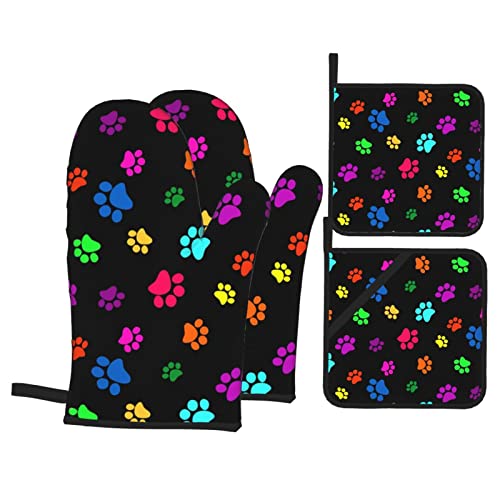 Multicolor Paws Dog Oven Mitts And Pot Holders Sets Of 4，Heat Resistant Kitchen Microwave Gloves And Pot Pads With Non-Slip Surface For Grilling Baking Cooking Bbq #TOP4