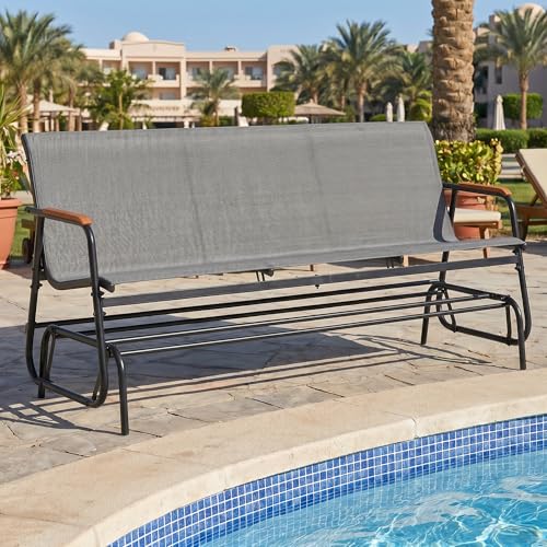 Image of Giantex Patio Glider, 3-Person Swing Gliding Loveseat with Curved Teak Armrests, Fabric Seat, Metal Frame, Load 990lbs, Outdoor Rocking Chair for Porch, Yard, Poolside,Grey