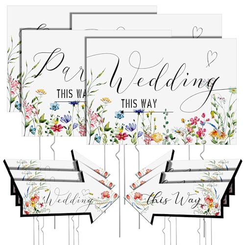 Wenqik 10 Pcs Wildflower Wedding This Way Directional Parking Signs 4 Square and 6 Arrow Shaped Directional Parking Road Signs with Stakes Large Double Sided Wildflower Wedding Welcome Decor