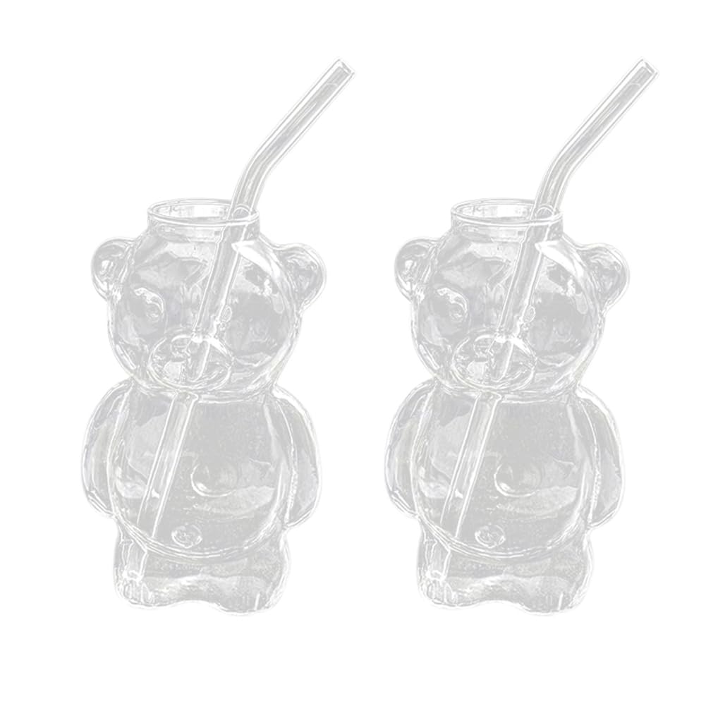 CTRLZS 2pcs Bear Cup Online Celebrity Restaurant Coffee Cup Cute Cartoon Glass Water Cup with Straw Family Set