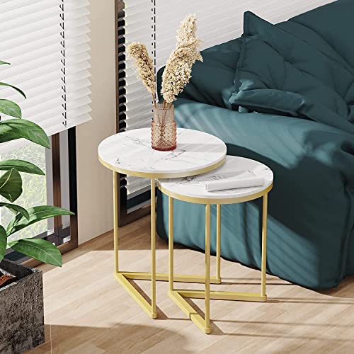 Image of Marble Top Side Table Gold 2 Nesting Small Sofa End Table Round Bedside High Gloss Sintered Marble Tabletop Golden Metal Leg Nested Accent Table Living Room Office (Style-3)