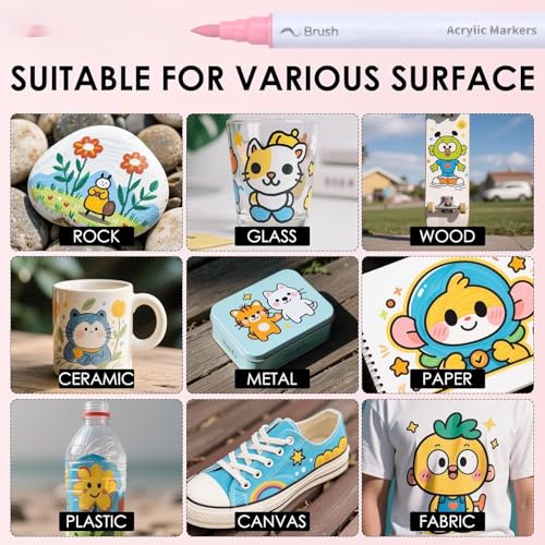 Image of BOLT BEE Acrylic Paint Markers with Brush Tips, Quick-Drying Waterproof Ink for Rock, Plastic, Wood, Canvas, Glass, Ceramic, Metal Art Crafts Projects (12 Color Acrylic Marker)