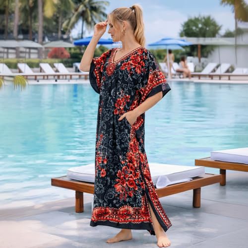 Image of Miss Lavish London Kaftan Dresses for Women Plus Size Long Batwing Sleeve Caftans, V Neck Moo Moo Printed Beach Cover Up Maxi Beach Dress, Bathing Suit Cover-Up Loungewear