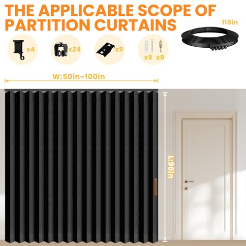 Image of Room Divider Curtain Sets with Flexible Ceiling Track, Privacy Soundproof Curtain for Bedroom Office Patio Sliding Door(Black, W100 x L96, 1 Pack)