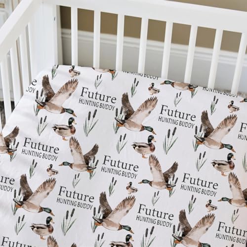 Image of HawSkgFub Future Duck Hunting Buddy Fitted Standard Crib Sheet for Baby Boy, Mallard Duck Hunter Wild Animal Lake Toddler Mattress Cover, Soft Stretchy Nursery Bed Sheets Decor Kids Gift 52 inch x 28 inch