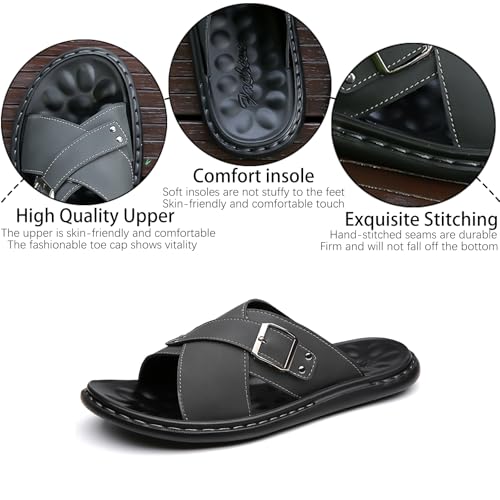 Men's Leather Buckle Flat Slides Sandals with Hand Stitched Comfortable Open Toe Anti-Slip Soft Sole Slip On Slippers Summer Lightweight Casual Walking Beach Sandals3