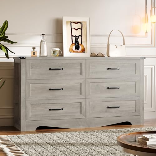 Image of BORNOON 6-Drawer Dresser for Bedroom, Modern Wooden Chest of Drawers with Metal Handles, Anti-Tipping Design, Sturdy and Stable Storage Organizer for Living Room, Entryway, Home Office