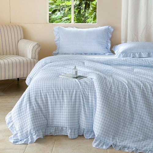 Image of NSNLGSGC Light Blue Ruffle Gingham Comforter Set Twin, Pre-Washed Ruffled Plaid Checked Comforter Bedding, 2 Pieces Vintage Farmhouse Grid Bedding Set(Blue Gingham, Twin)