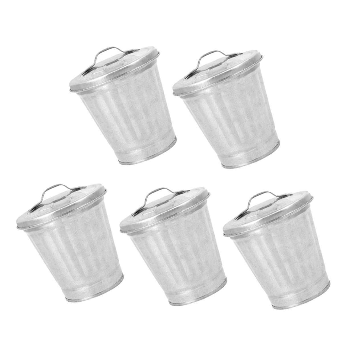 5Pcs Mini Garbage Cans with Lid Small Desktop Trash Bins Galvanized Portable Tiny Storage Containers for Home Office Bedroom Organization