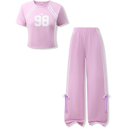 Size 7-14 Years Tween Girls' 2 Piece Outfits Digital Print Striped Top and Wide-Leg Pants Y2K Summer Clothing Set