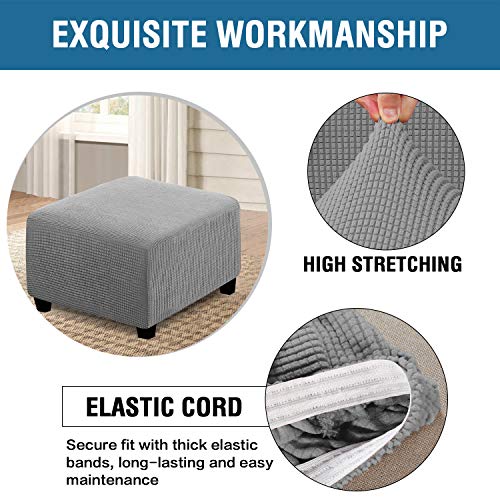 Image of H.VERSAILTEX Square Ottoman Covers Ottoman Slipcovers Folding Storage Stool Furniture Protector Form Fit with Elastic Bottom, Stretch High Spandex Small Checks Jacquard Fabric(Medium,Dove)