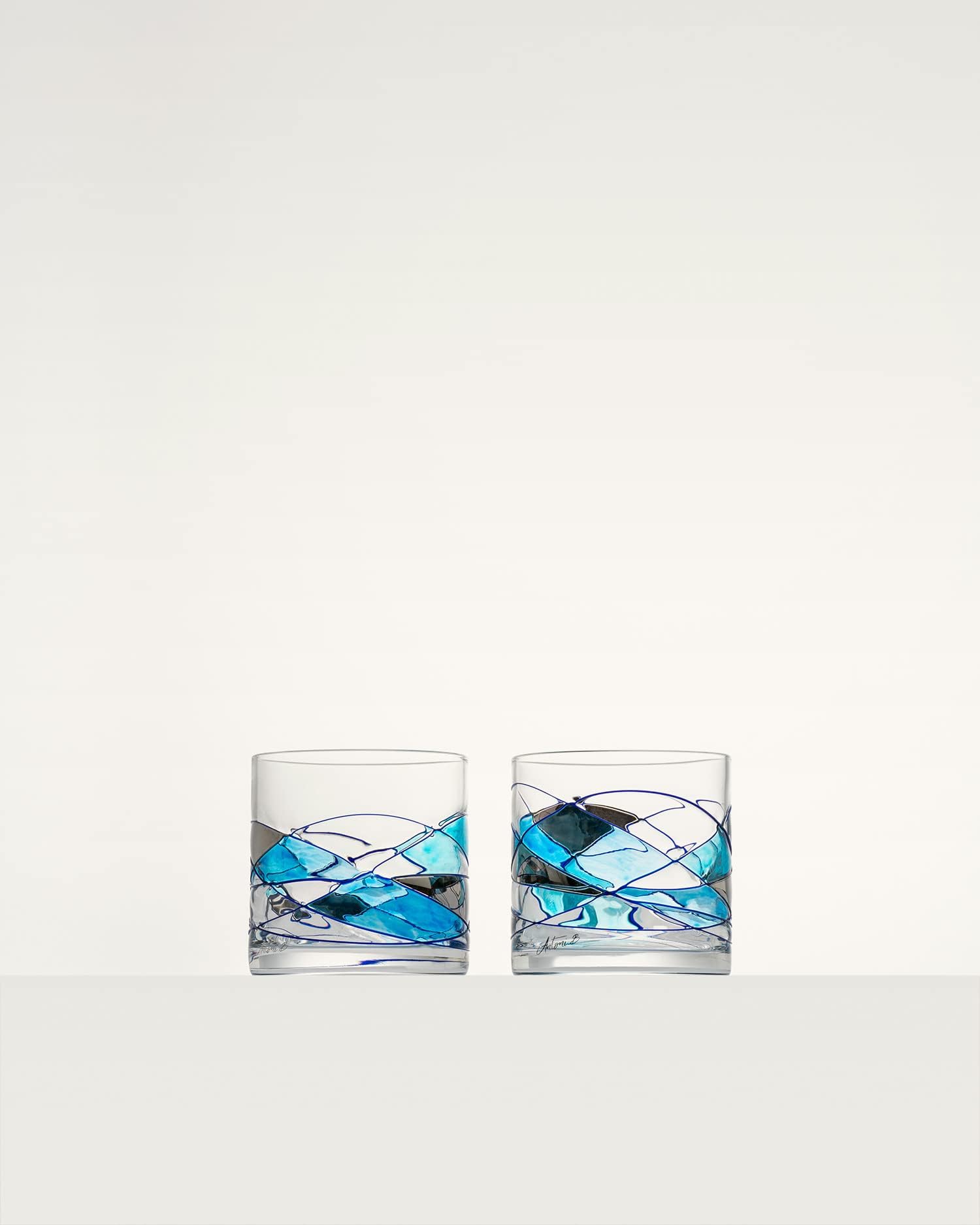 Whiskey Bourbon Crystal Glasses 12Oz SET 2 Blue Line Hand Painted Mouth Blown Crystal Unique Stunning Presents for Dad Father's Men's Retirement Birthday's Scotch Old Fashioned Glass