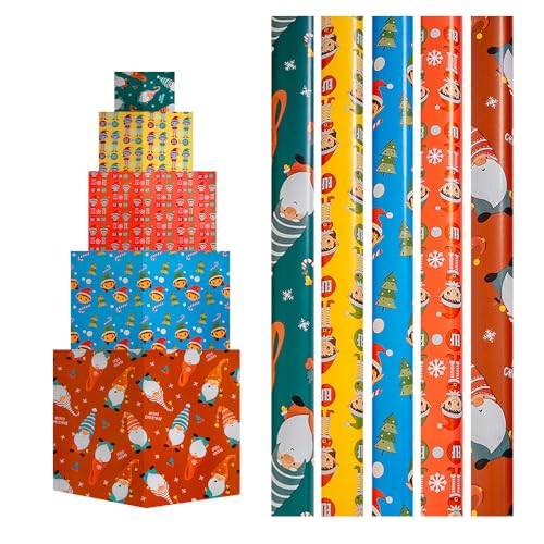 H HANSEL HOME Pack 5 Rollos Papel de Regalo 70x200cm – Diseños con Papá Noel, Elfos y Árboles – Papel Grande y Resistente para Envolver Regalos de Cumpleaños, Navidad y Fiestas