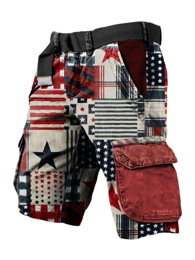 Men's Retro Independence Day Flag Patchwork Print Patriotic Cargo Shorts