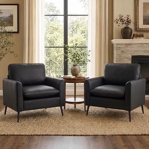 Image of TYBOATLE Accent Chairs Set of 2, Black Faux Leather Chairs, Mid Century Modern Comfy Living Room Chairs, Cozy Office Reading Chair, Reception Armchairs for Bedroom, Waiting Room