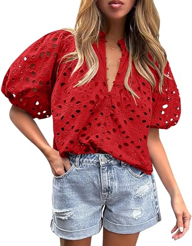 BETTE BOUTIK Women's Long Short Sleeve Tops 2025 Dressy Casual Button Hollow Out Lace Embroidered Blouses Shirts
