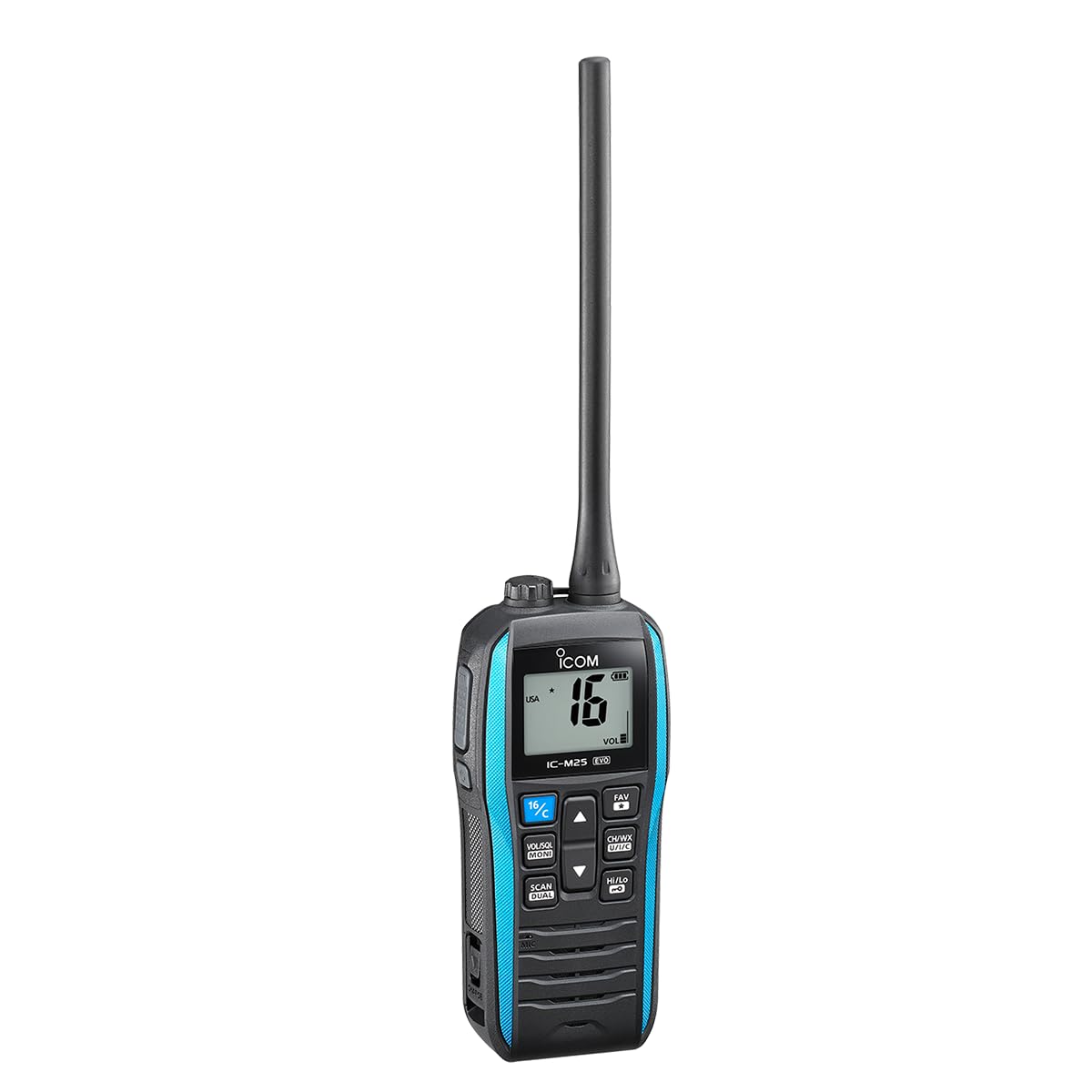 Icom M25EVO – Radio VHF azul marino | Flotante | Impermeable | Carga USB | Ligera | Batería de larga duración | Esenciales náuticos