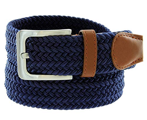 Mens Braided Elastic Fabric Woven Stretch Belt Leather Inlay (Navy, Small)2